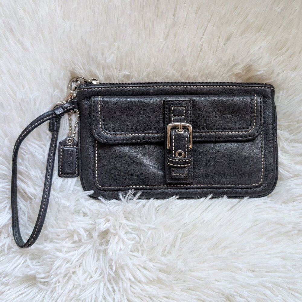 SOLD!! Coach, Large Black Buckle Leather Wristlet, Vintage